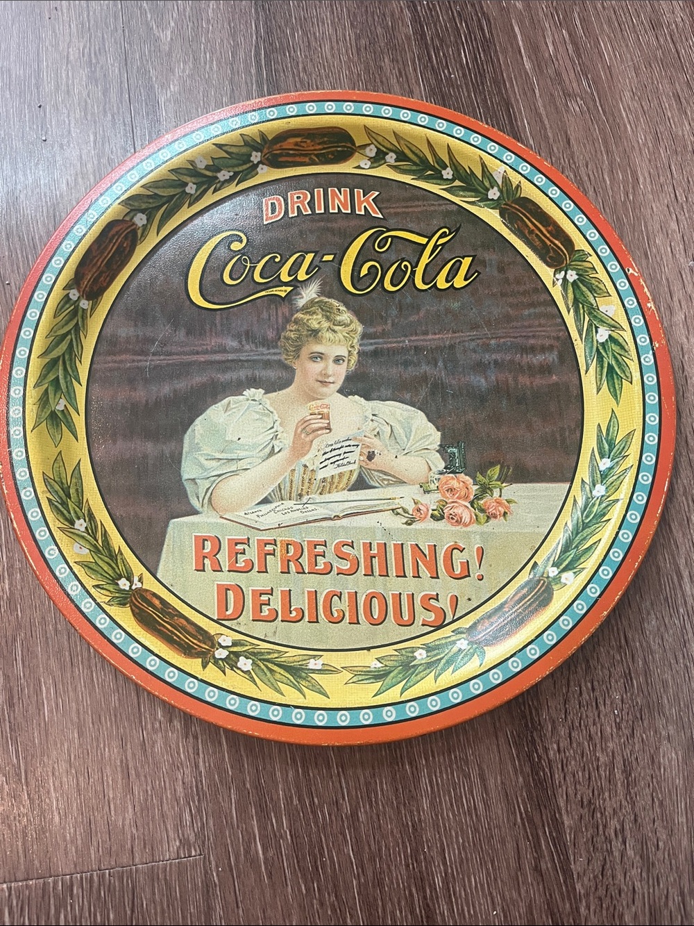 Vintage Coca-Cola Round Metal Sign Tray - Red, Yellow, Cream, Blue